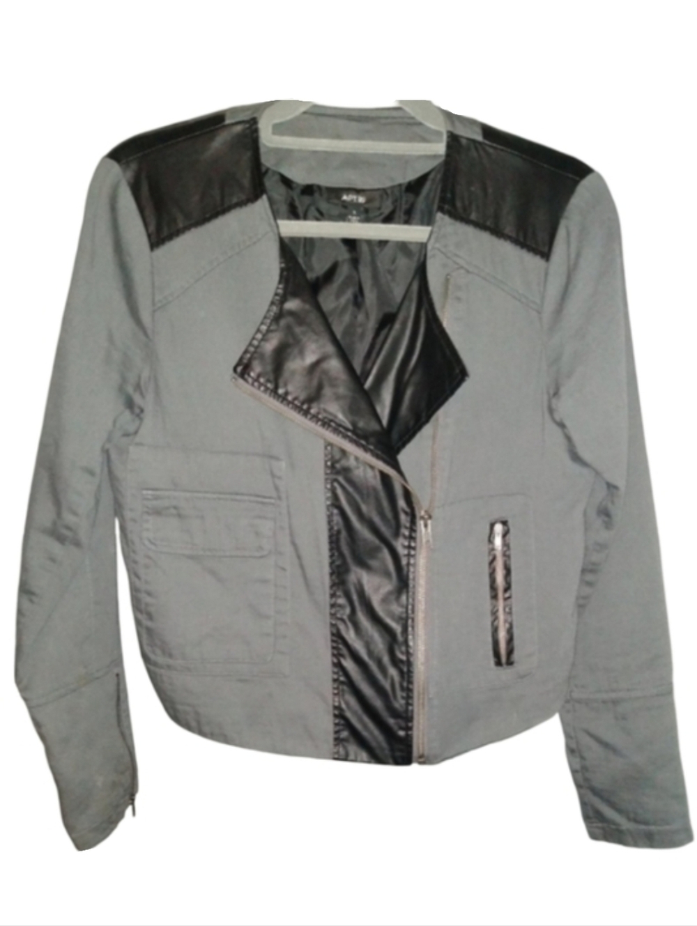 Apt 9 Zip Moto Jacket Grey Black Faux Leather Trim Cropped Asymmetrical Zipper S